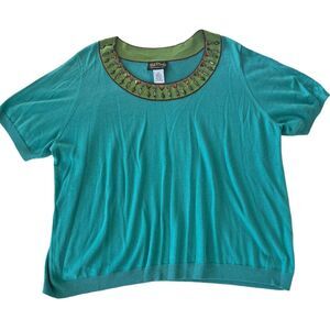 Bob Mackie Jeweled Wearable Art Green Knit Blouse Beaded Sparkle Womens Sz. 2X